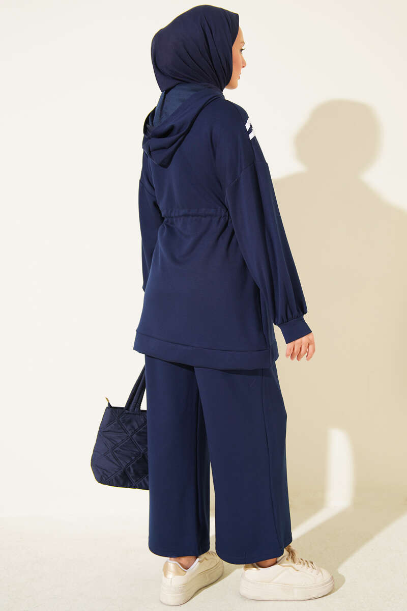 Two-Piece Set with Stripe Trim and Drawstring Waist - Navy