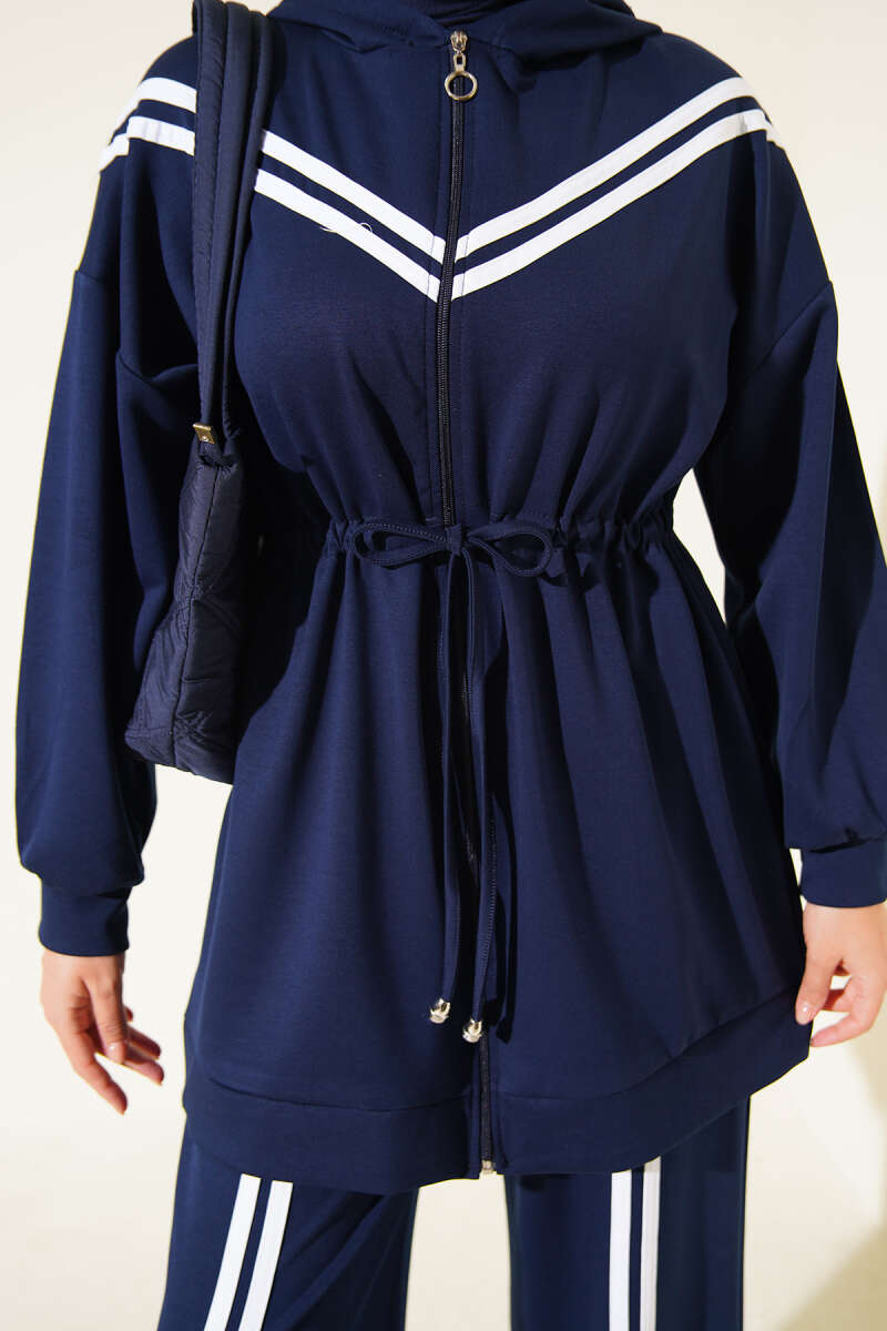 Two-Piece Set with Stripe Trim and Drawstring Waist - Navy