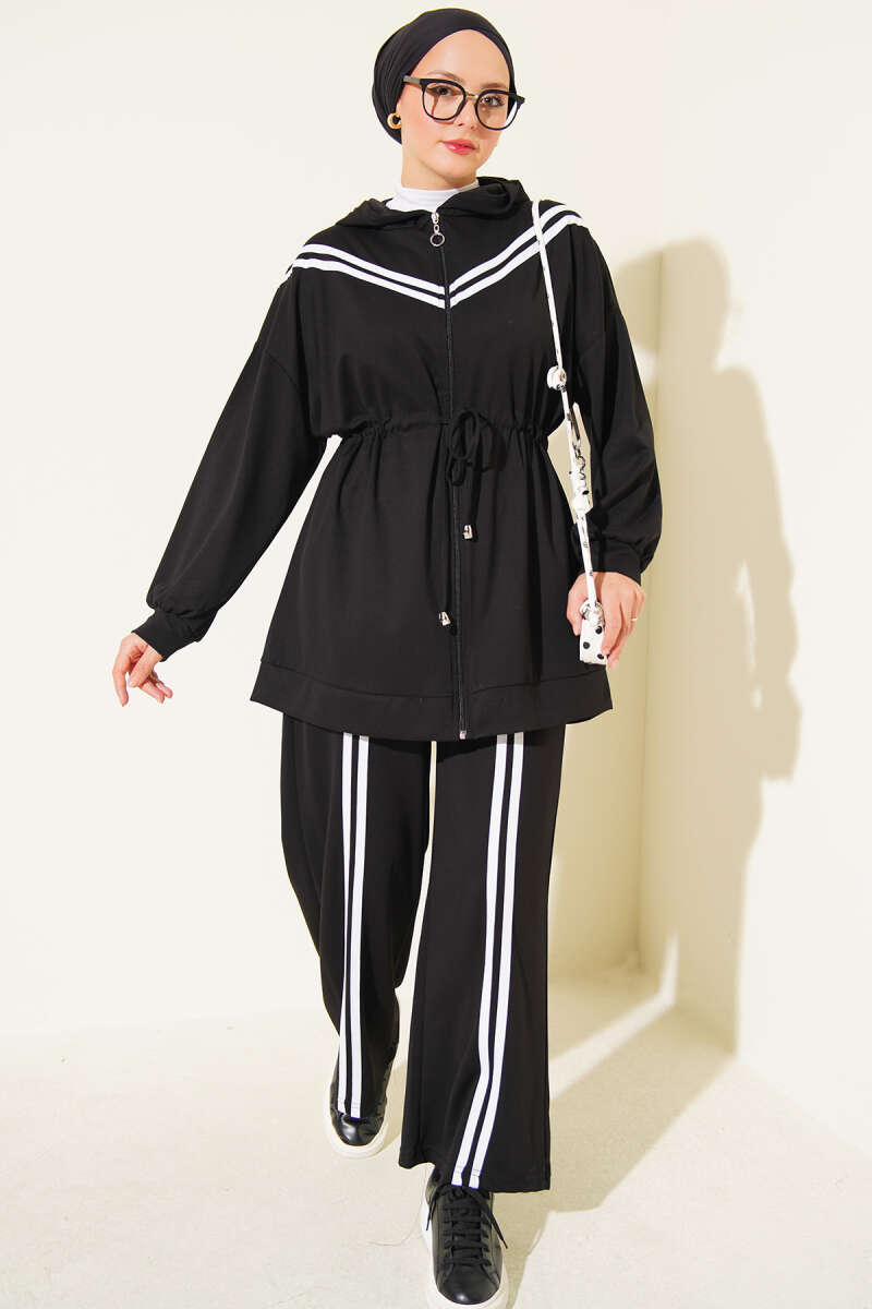 Two-Piece Set with Stripe Trim and Drawstring Waist - Black