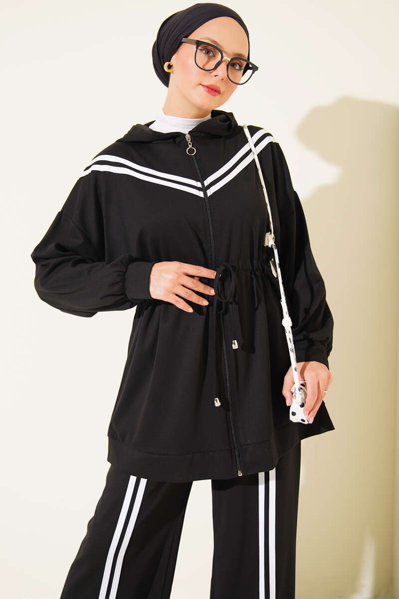 Two-Piece Set with Stripe Trim and Drawstring Waist - Black
