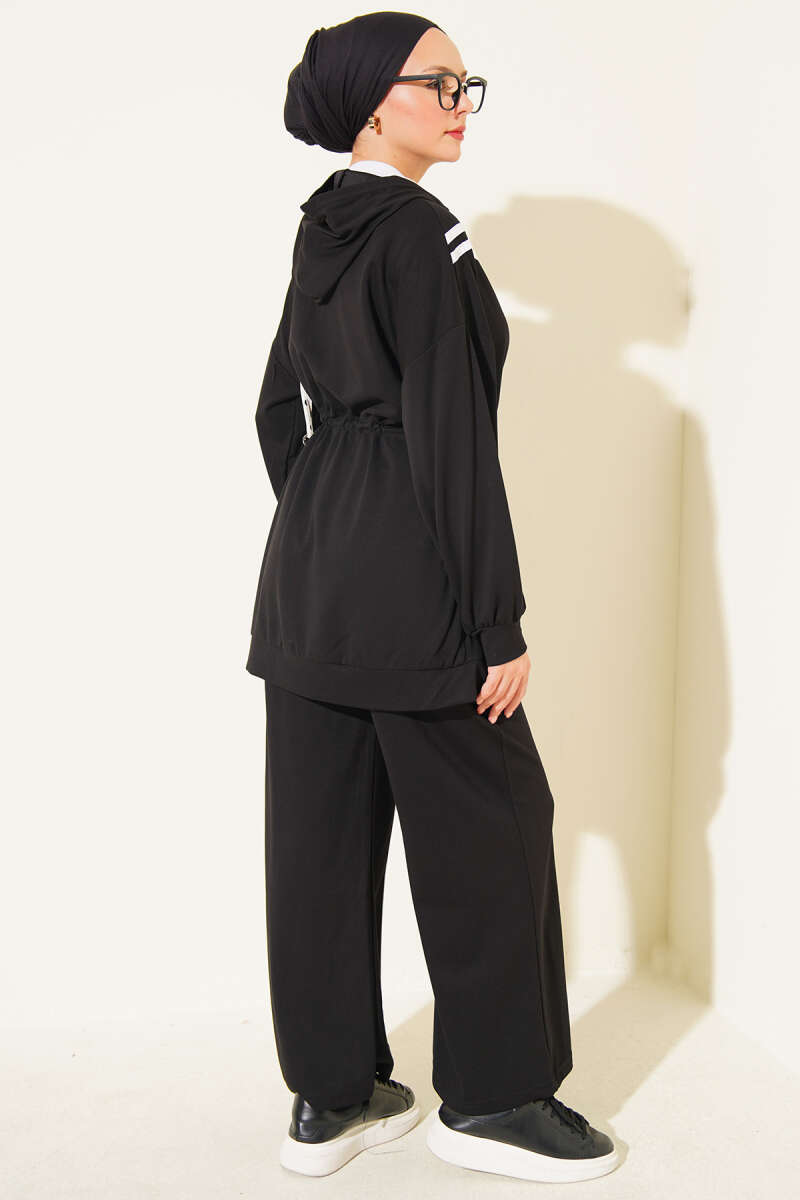 Two-Piece Set with Stripe Trim and Drawstring Waist - Black