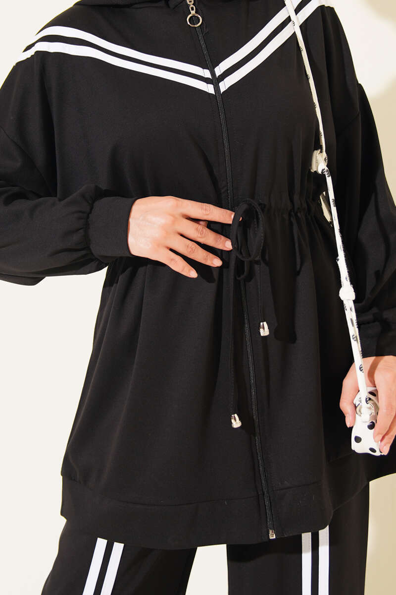 Two-Piece Set with Stripe Trim and Drawstring Waist - Black