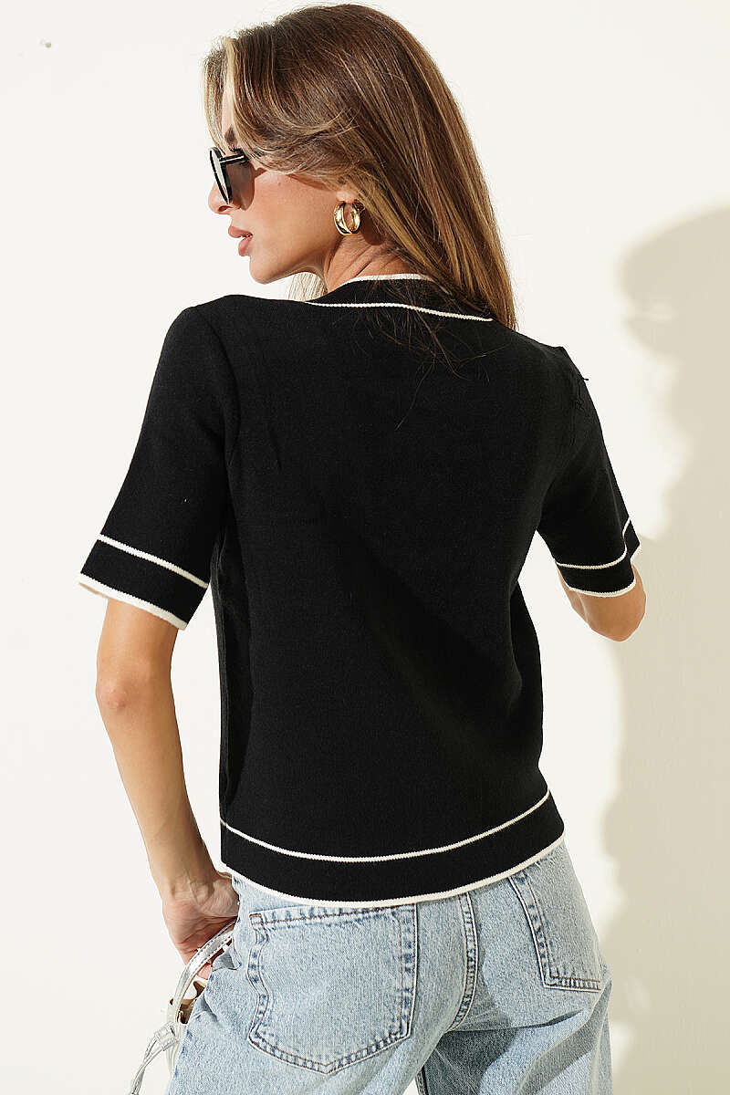 Button Knit Cardigan with Stripe Trim - Black
