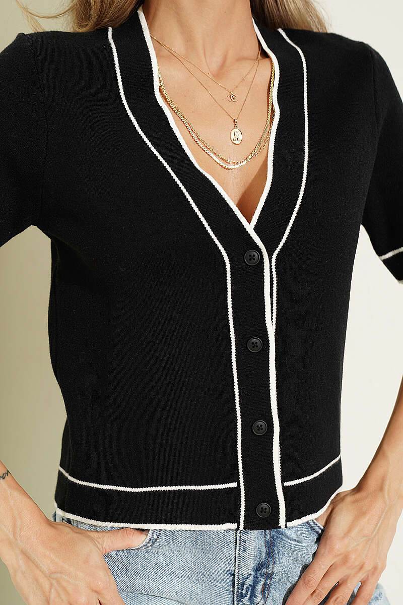 Button Knit Cardigan with Stripe Trim - Black