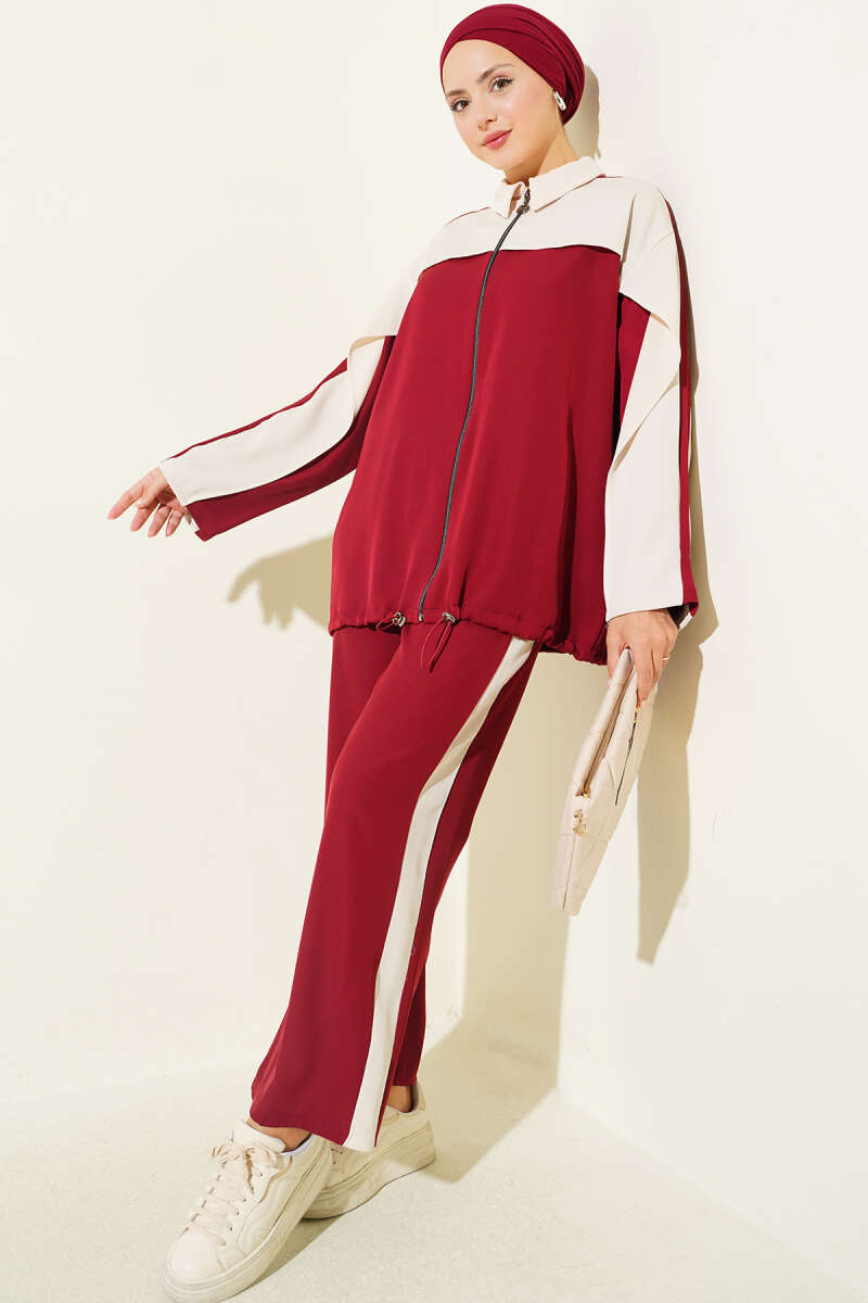 Zip-Up Two-Piece Set with Stripe Detail - Burgundy