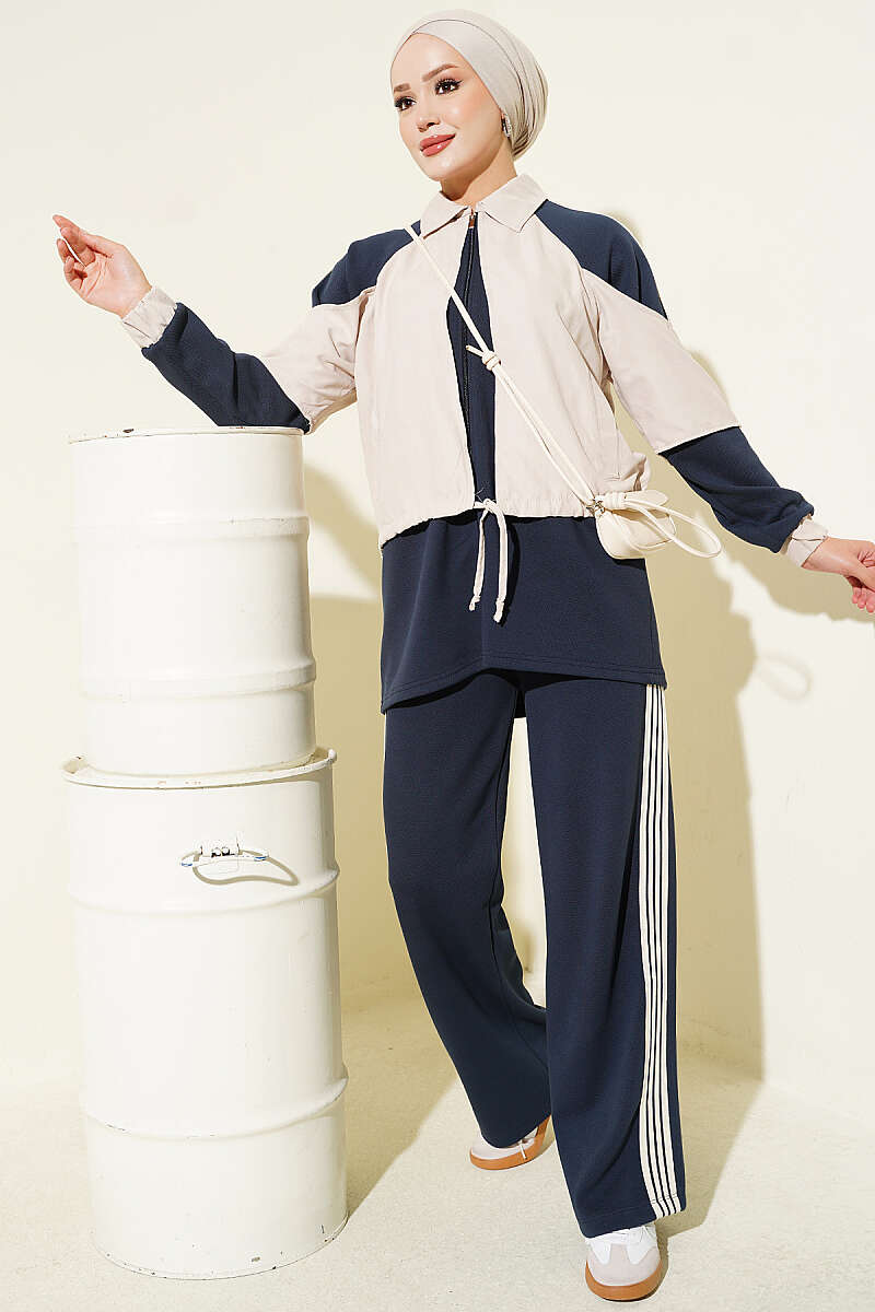 Two-Piece Set with Stripe Detail and Trim - Navy