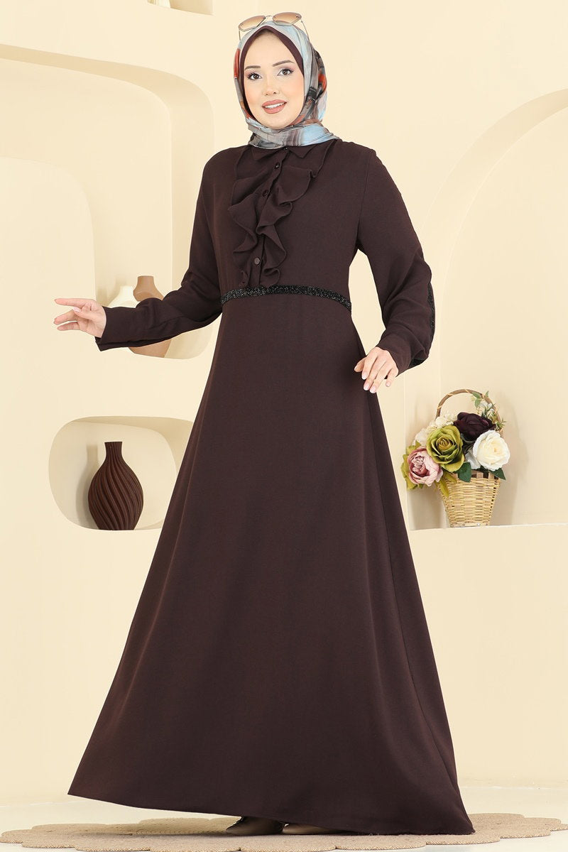 Imported Crepe Dress with Stripe Trim - Brown