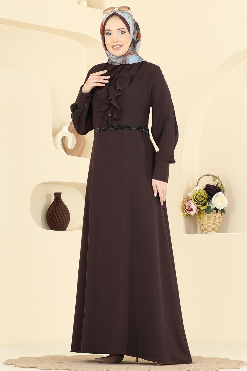 Imported Crepe Dress with Stripe Trim - Brown