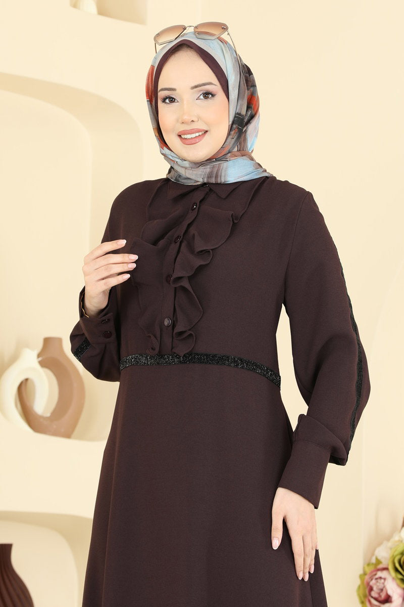 Imported Crepe Dress with Stripe Trim - Brown