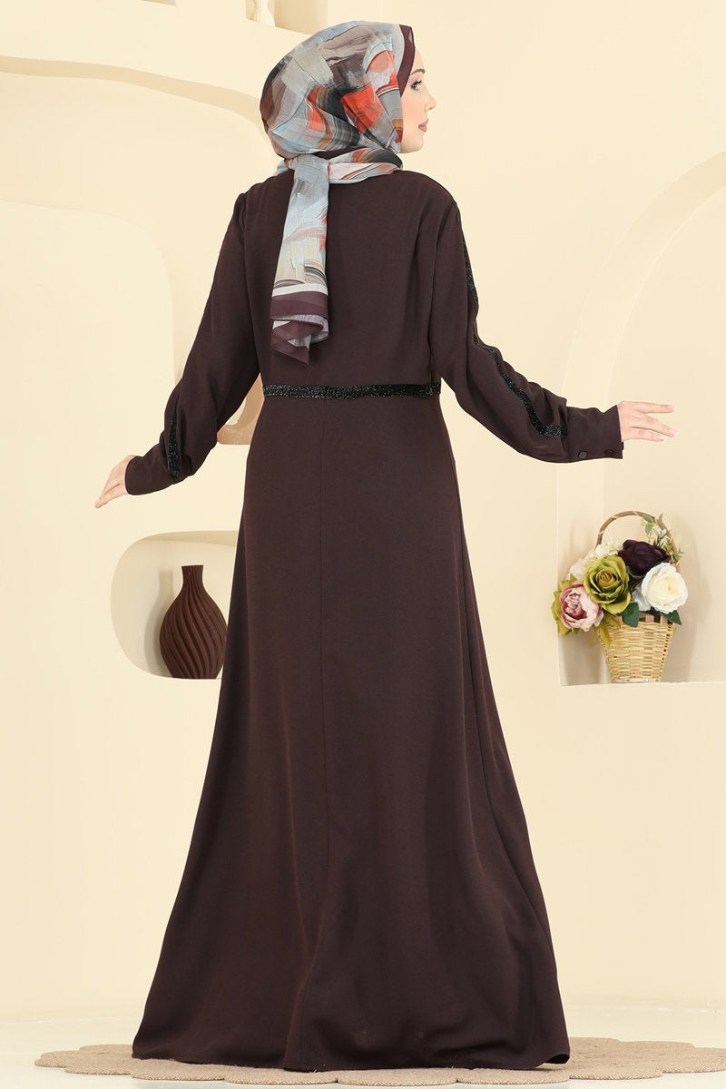 Imported Crepe Dress with Stripe Trim - Brown