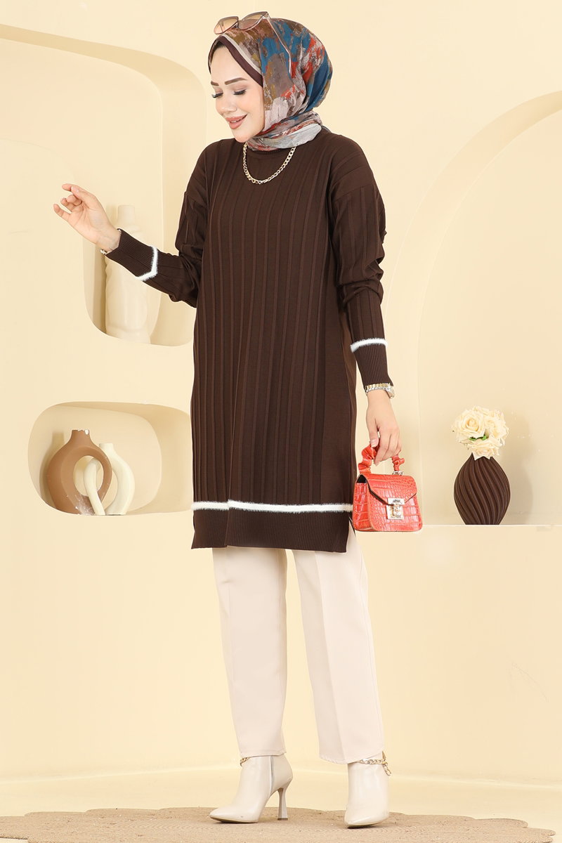 Stripe-Trim Mercerised Knit Tunic - Dark Brown