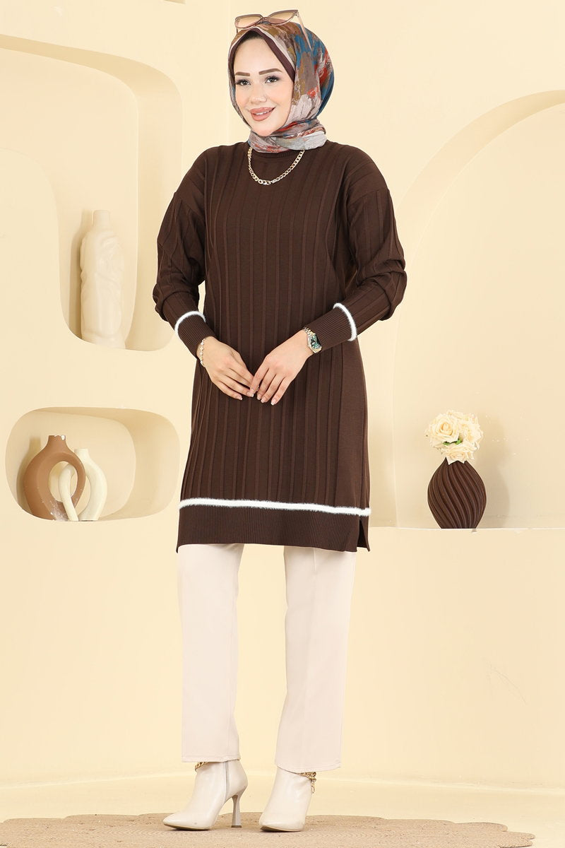 Stripe-Trim Mercerised Knit Tunic - Dark Brown