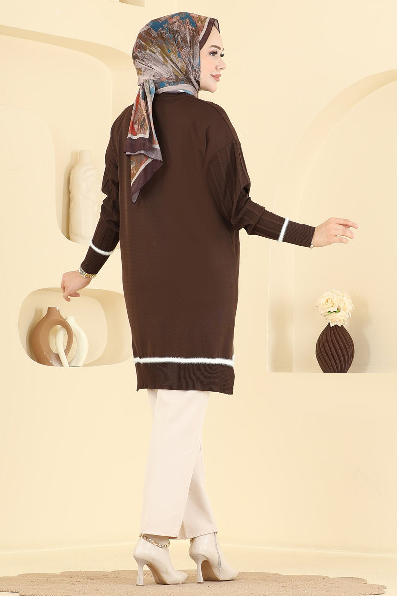 Stripe-Trim Mercerised Knit Tunic - Dark Brown