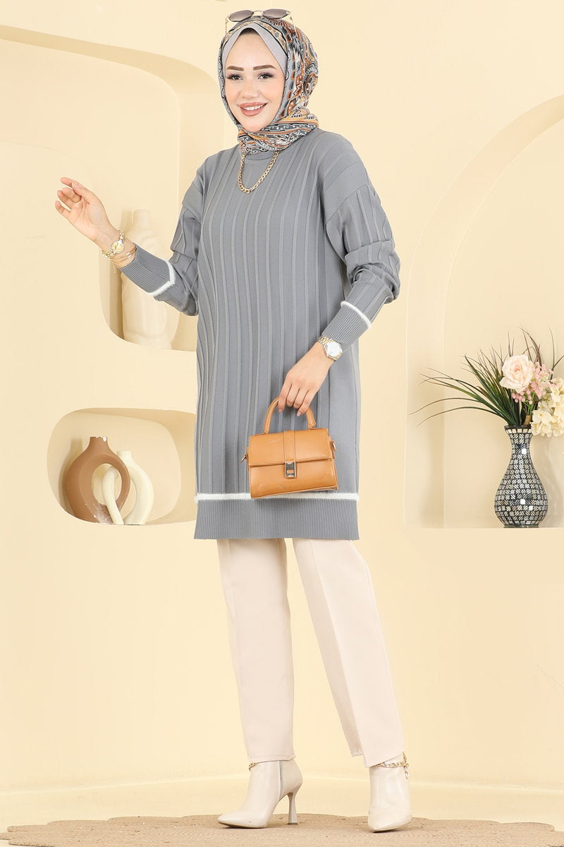 Stripe-Trim Mercerised Knit Tunic - Grey