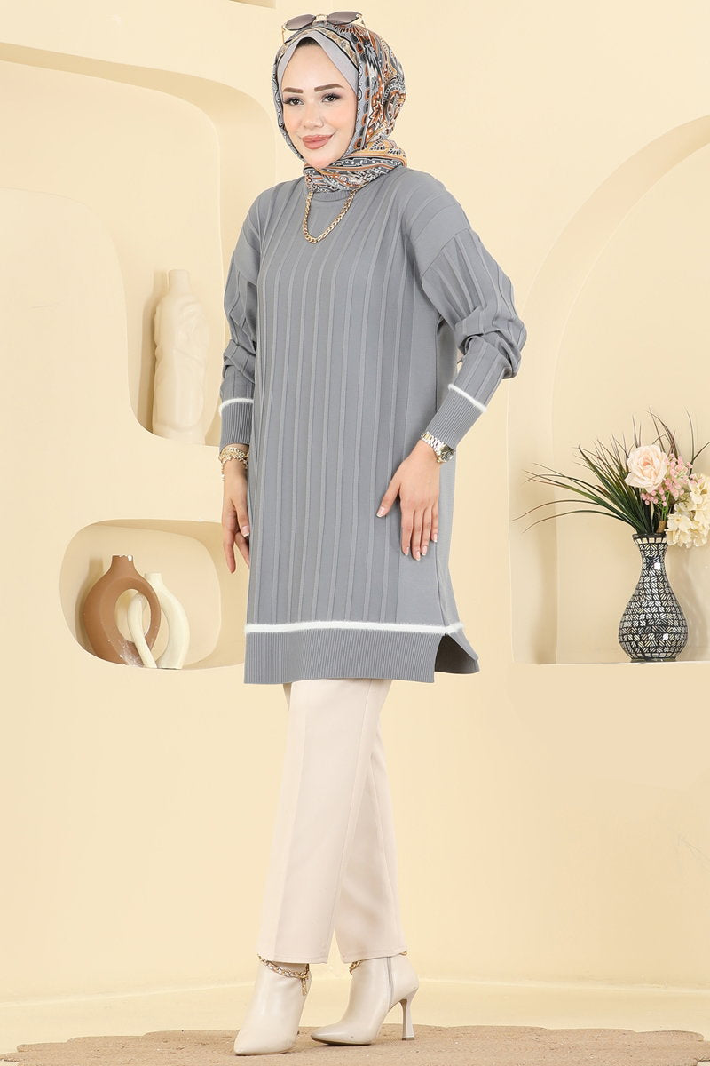 Stripe-Trim Mercerised Knit Tunic - Grey