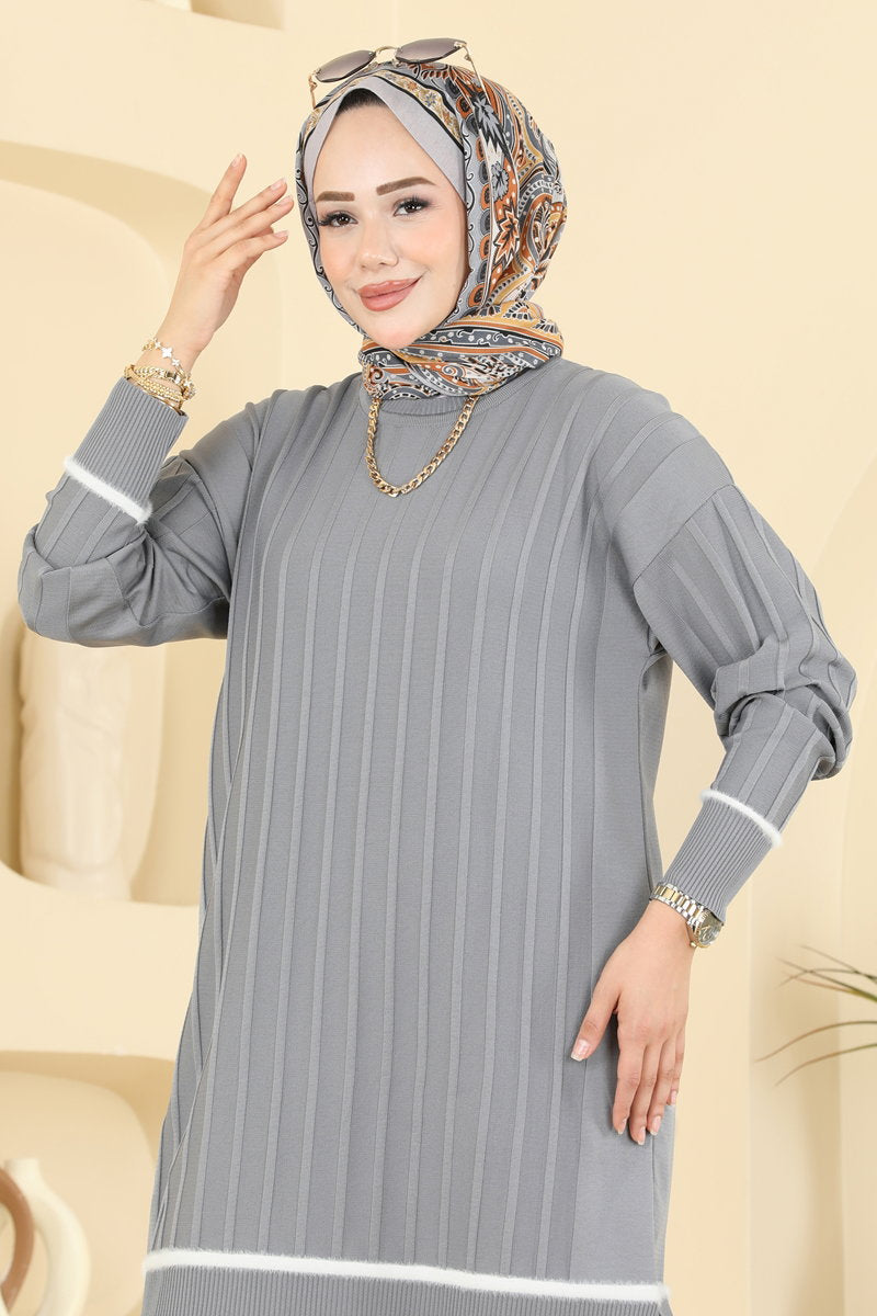 Stripe-Trim Mercerised Knit Tunic - Grey