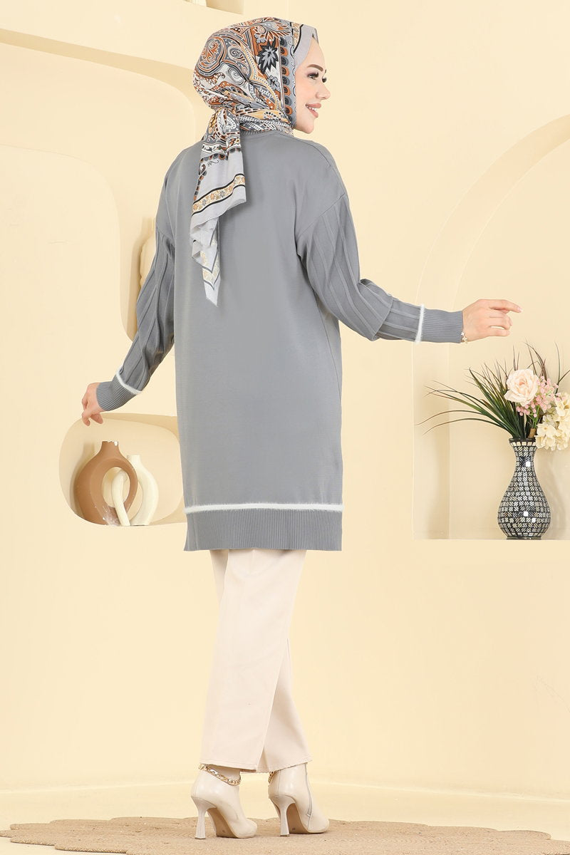 Stripe-Trim Mercerised Knit Tunic - Grey