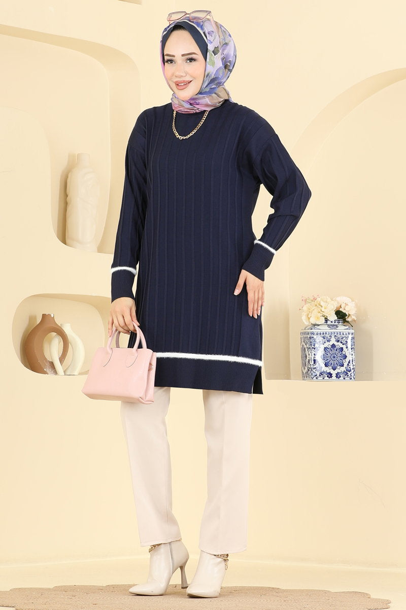 Stripe-Trim Mercerised Knit Tunic - Navy