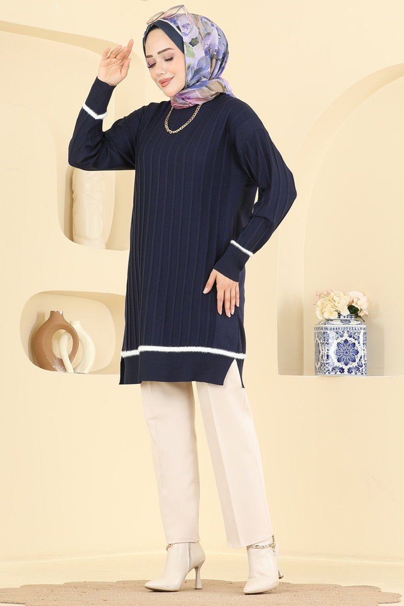 Stripe-Trim Mercerised Knit Tunic - Navy
