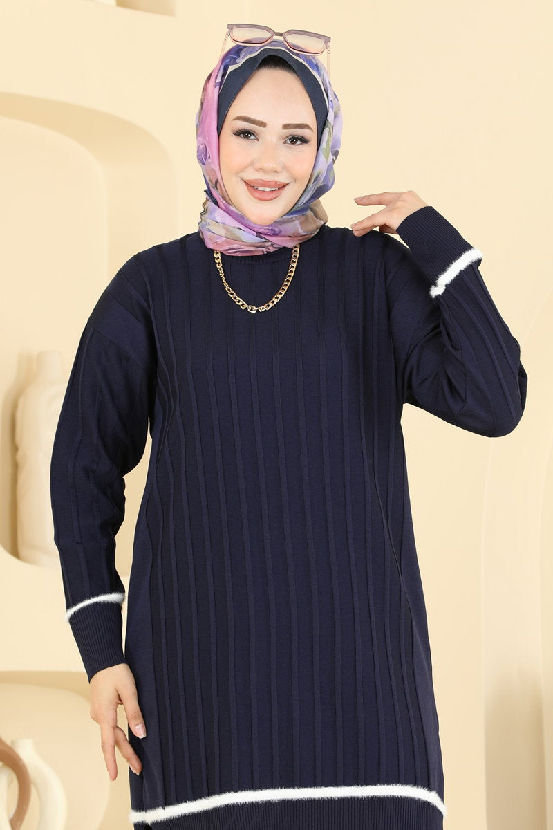 Stripe-Trim Mercerised Knit Tunic - Navy
