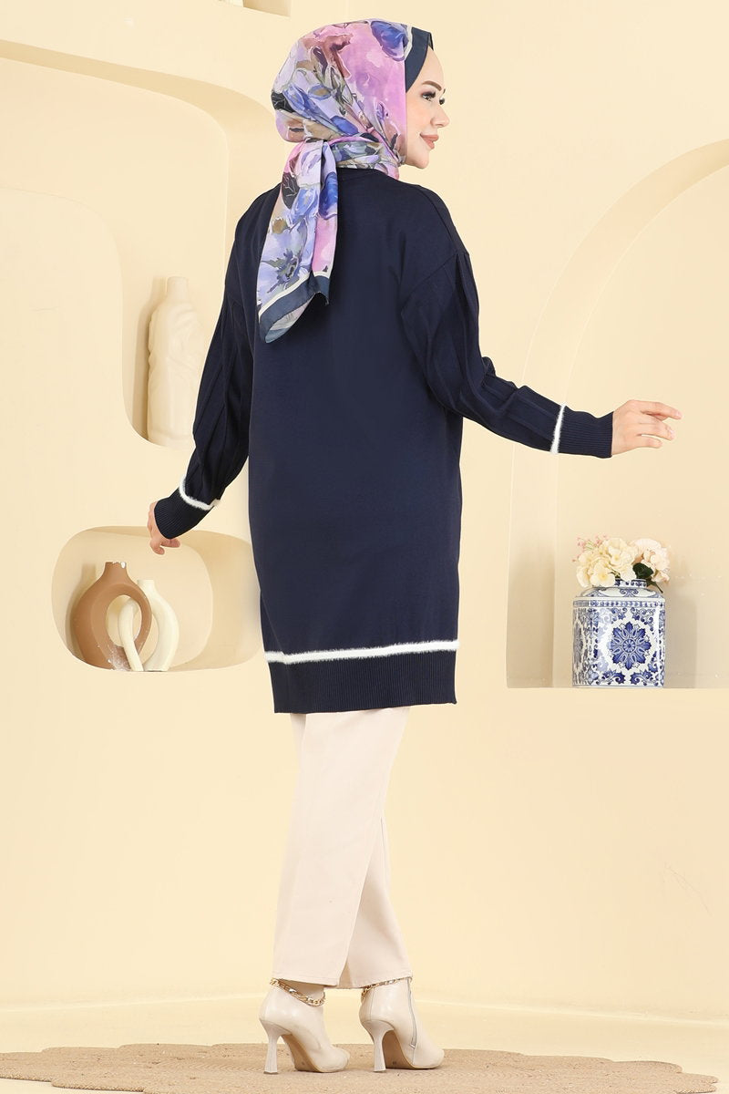 Stripe-Trim Mercerised Knit Tunic - Navy