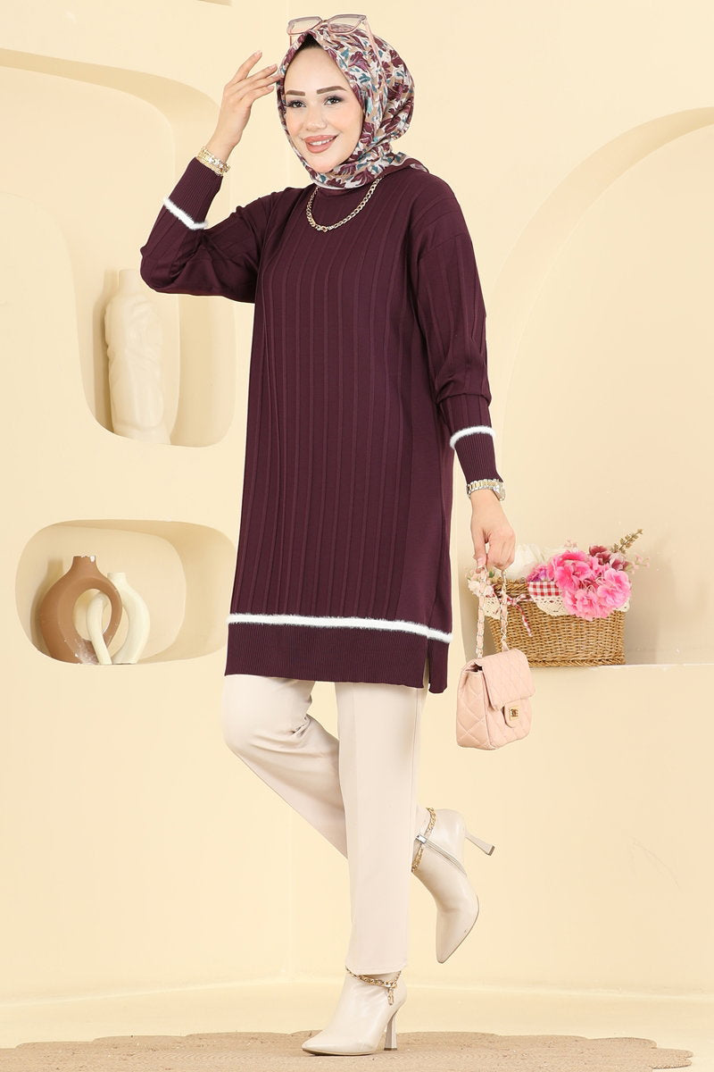 Stripe-Trim Mercerised Knit Tunic - Plum