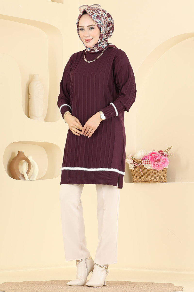 Stripe-Trim Mercerised Knit Tunic - Plum