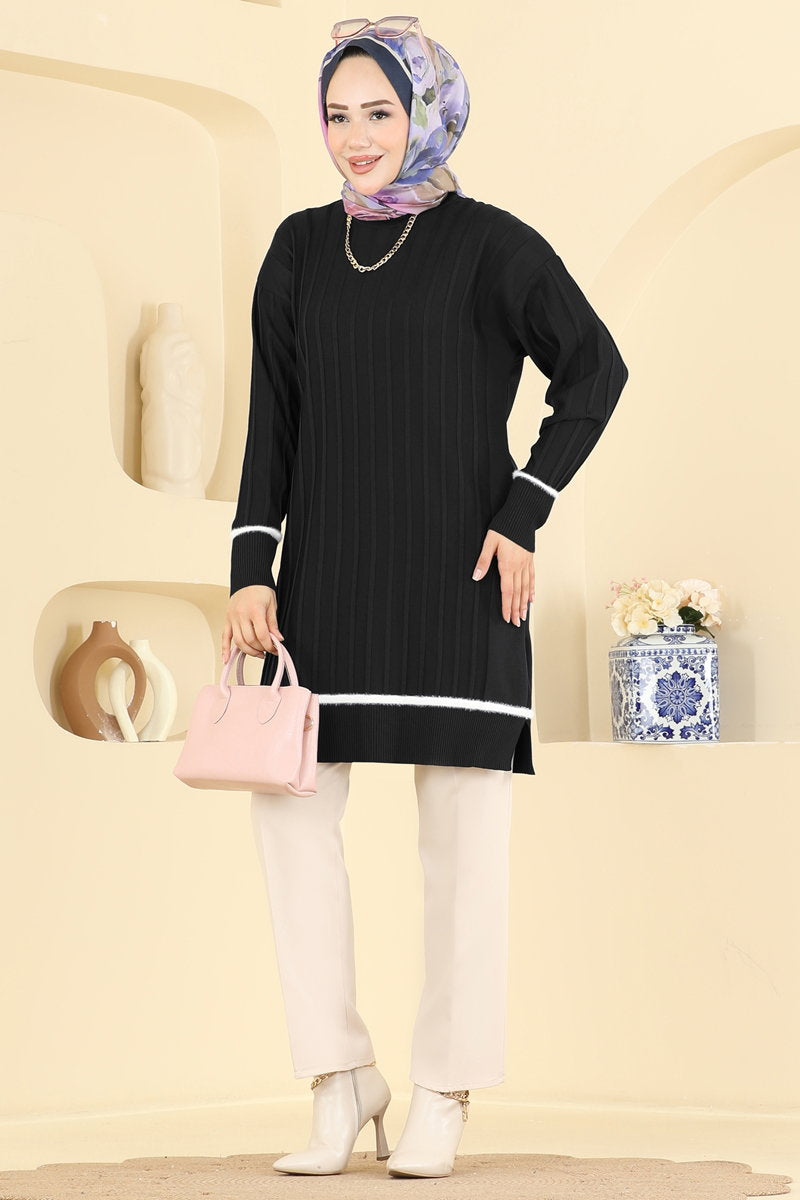 Stripe-Trim Mercerised Knit Tunic - Black