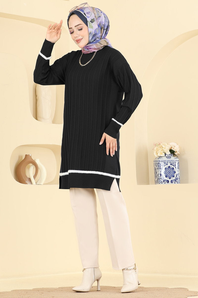 Stripe-Trim Mercerised Knit Tunic - Black