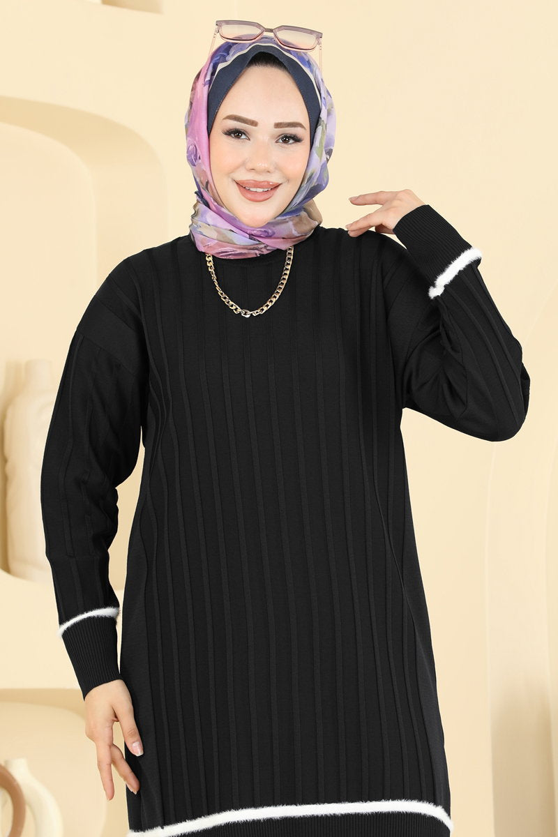 Stripe-Trim Mercerised Knit Tunic - Black