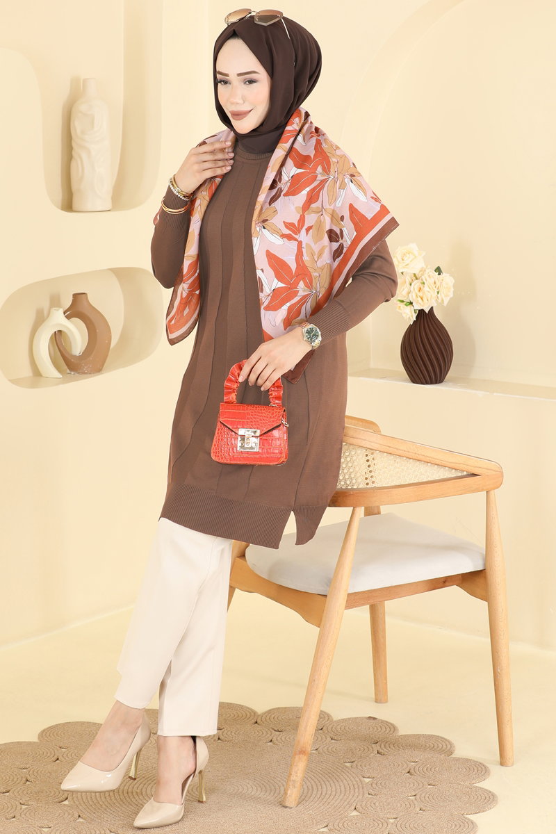 Mercerised Tunic with Stripe Trim - Light Brown