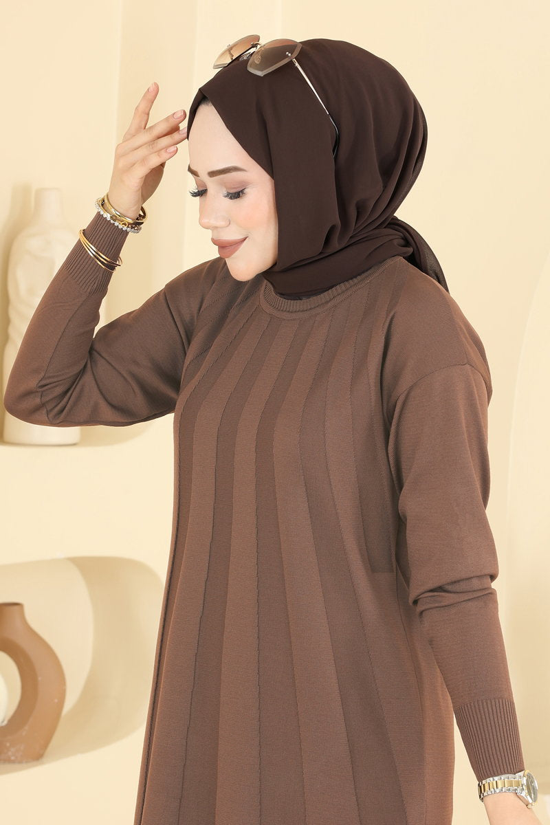Mercerised Tunic with Stripe Trim - Light Brown