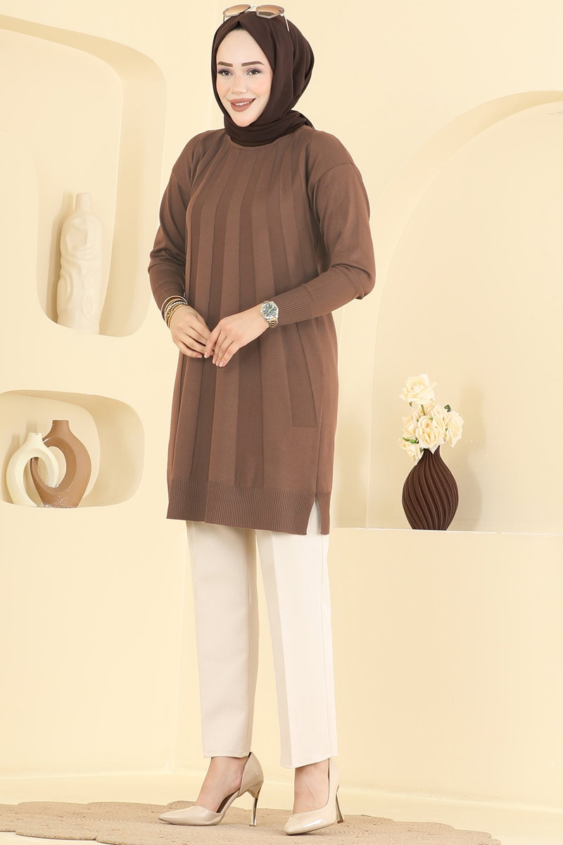 Mercerised Tunic with Stripe Trim - Light Brown