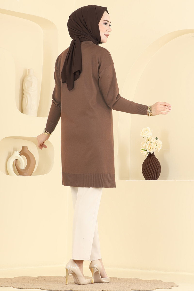 Mercerised Tunic with Stripe Trim - Light Brown