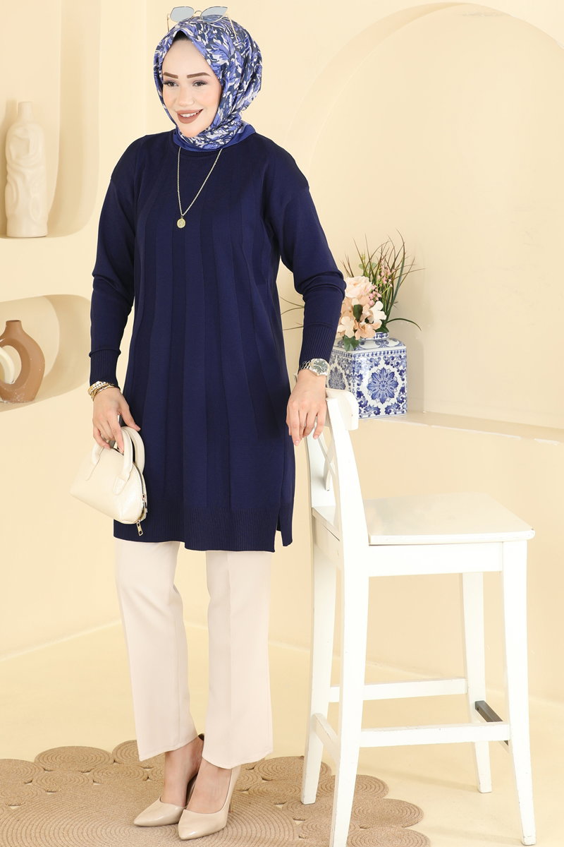 Mercerised Tunic with Stripe Trim - Navy