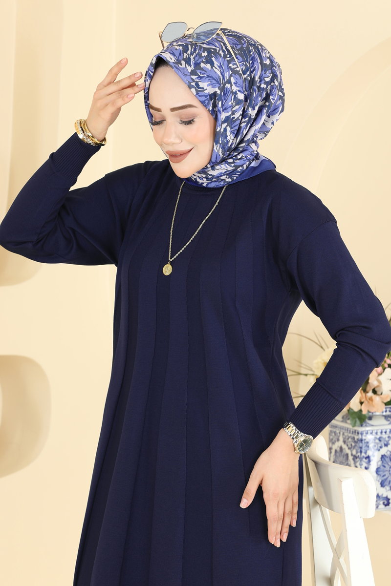Mercerised Tunic with Stripe Trim - Navy