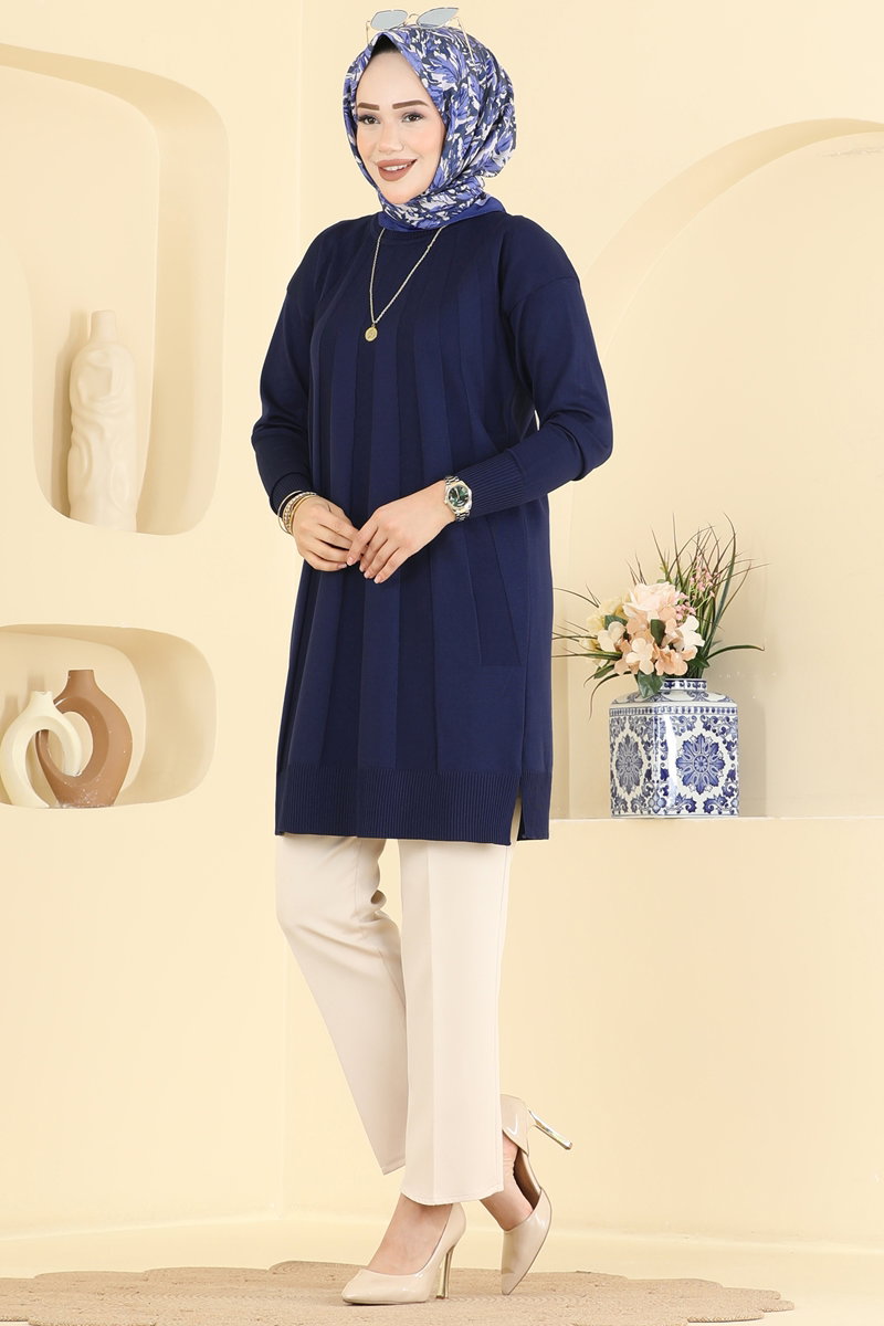 Mercerised Tunic with Stripe Trim - Navy