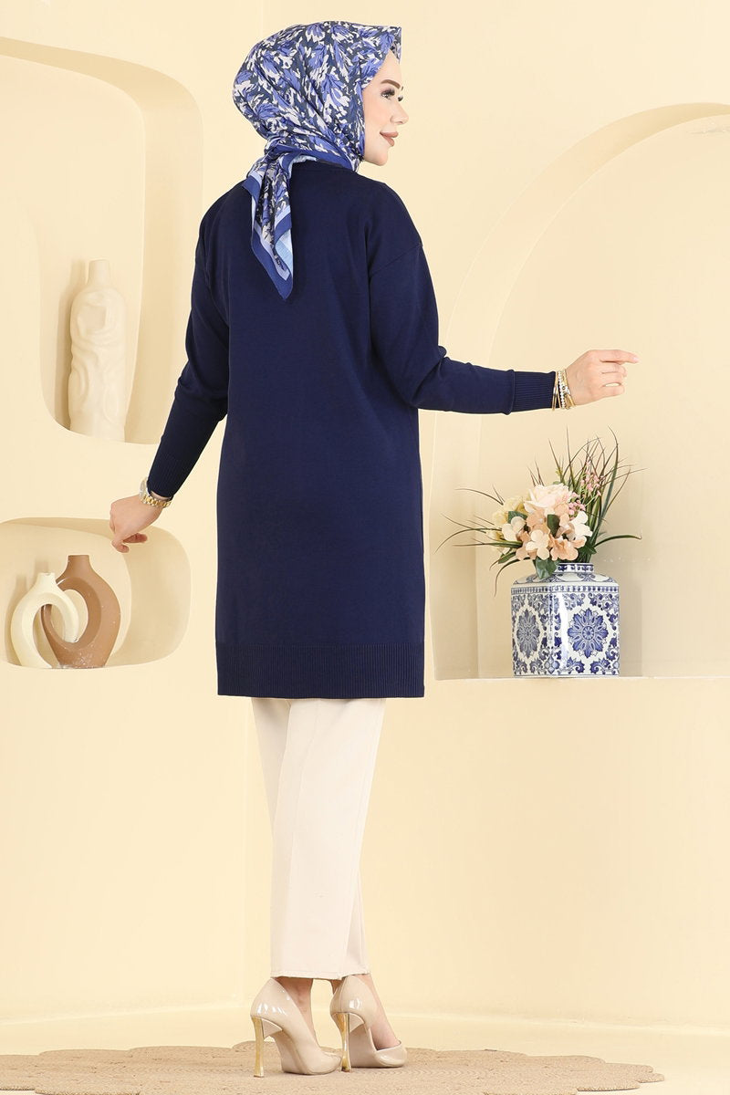 Mercerised Tunic with Stripe Trim - Navy