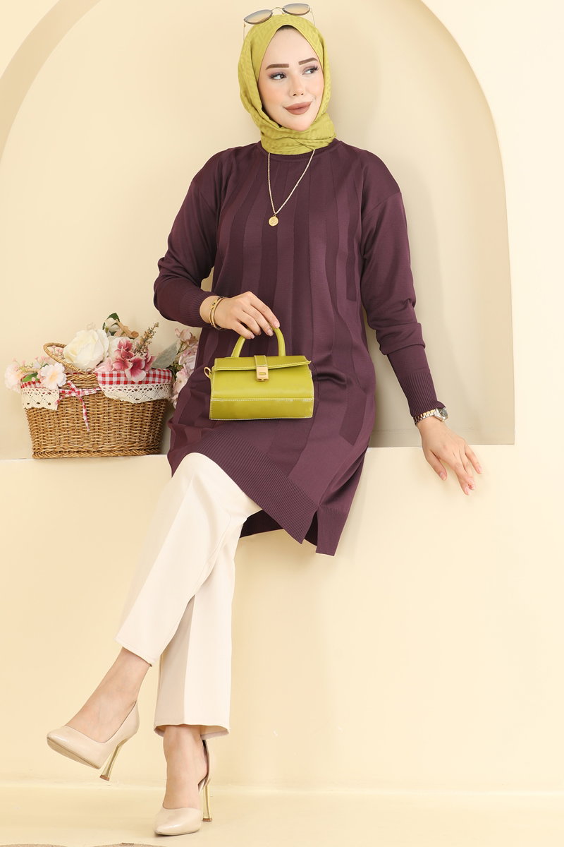 Mercerised Tunic with Stripe Trim - Plum