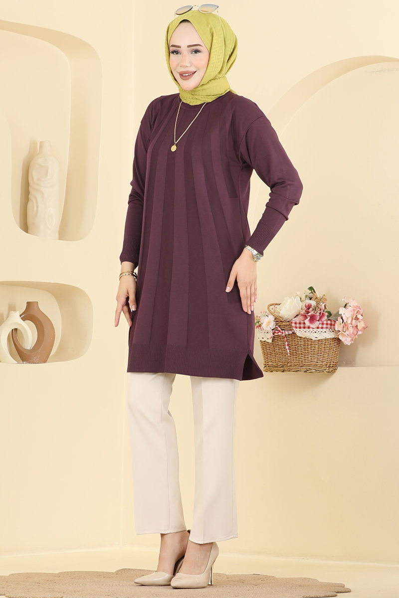 Mercerised Tunic with Stripe Trim - Plum