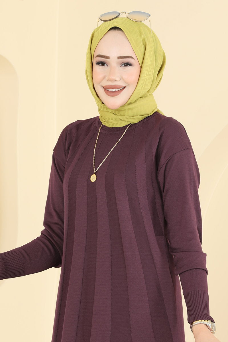 Mercerised Tunic with Stripe Trim - Plum