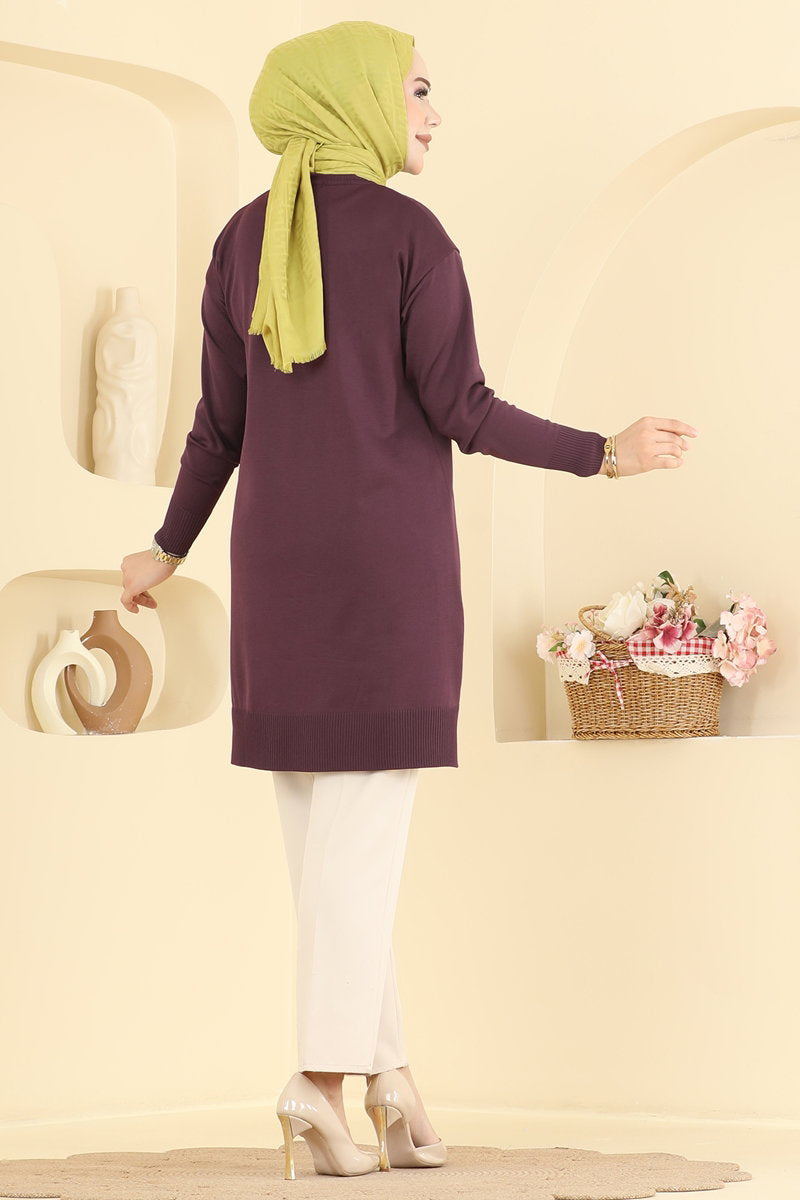 Mercerised Tunic with Stripe Trim - Plum