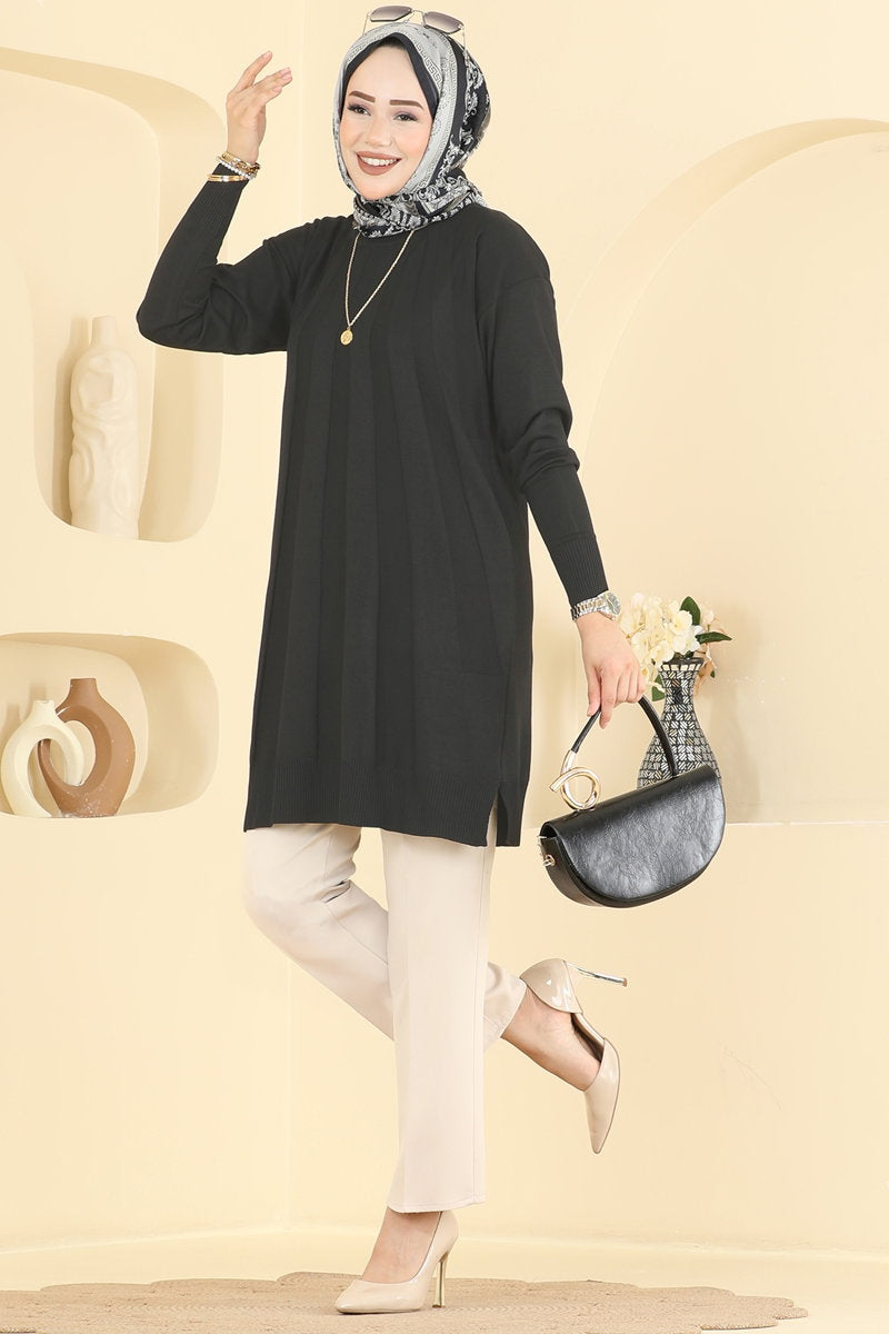 Mercerised Tunic with Stripe Trim - Black