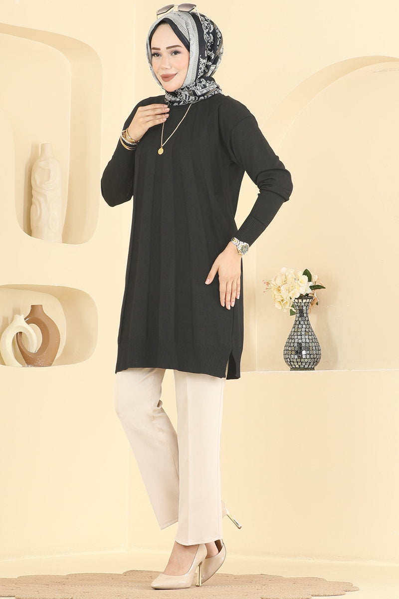 Mercerised Tunic with Stripe Trim - Black