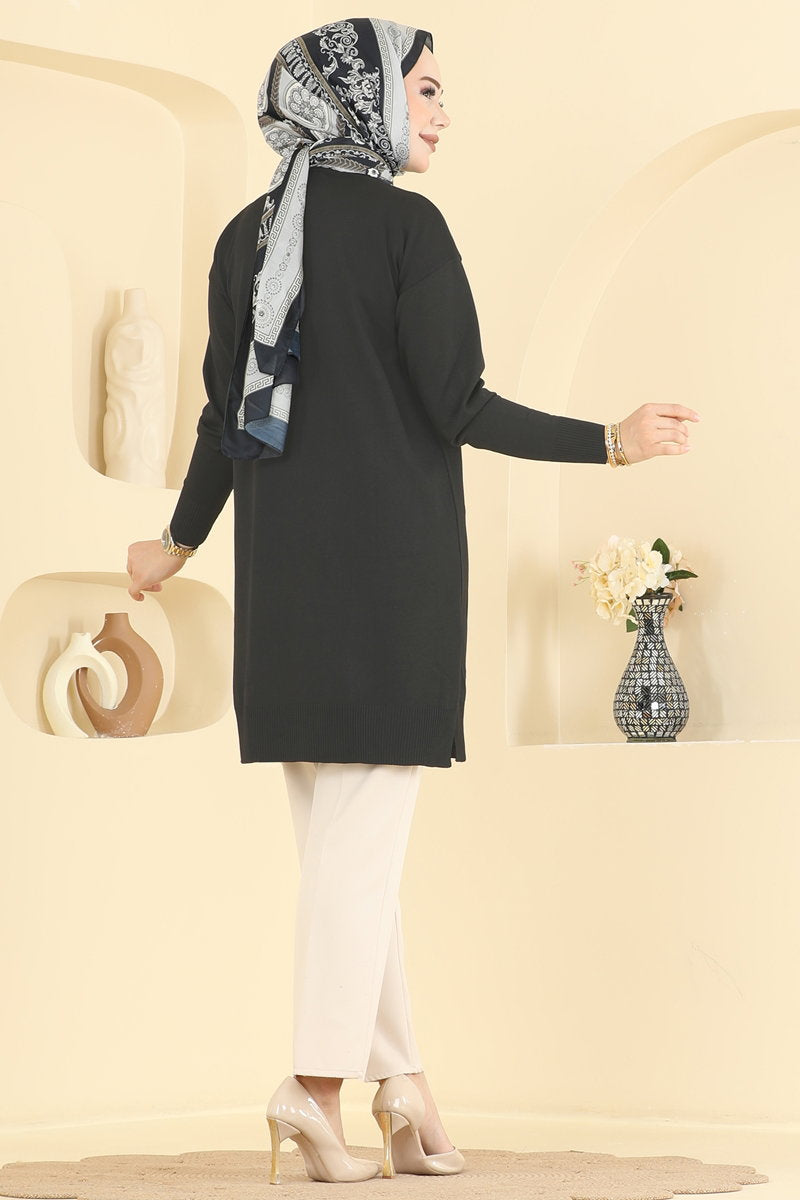 Mercerised Tunic with Stripe Trim - Black