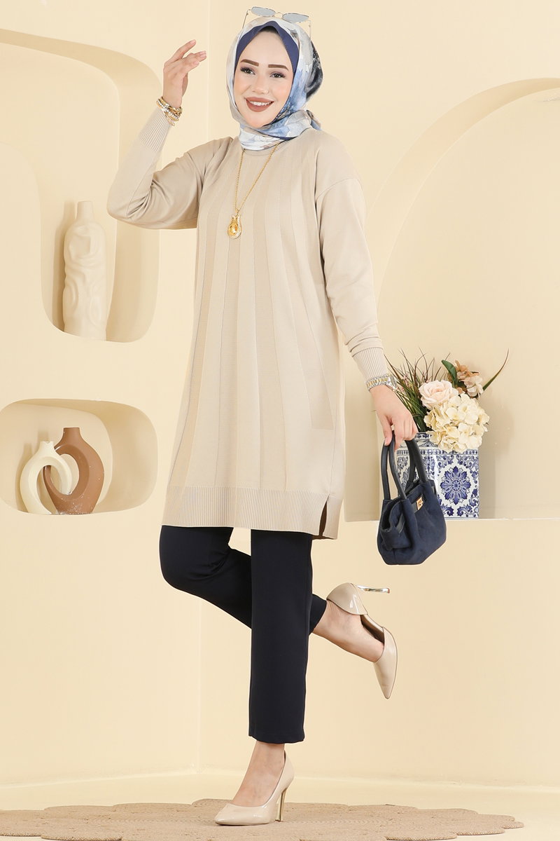 Mercerised Tunic with Stripe Trim - Stone
