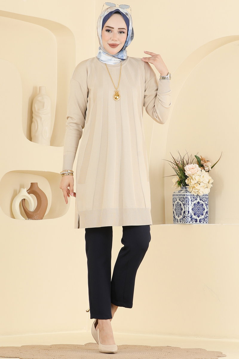 Mercerised Tunic with Stripe Trim - Stone