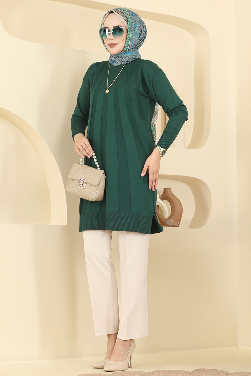 Mercerised Tunic with Stripe Trim - Emerald