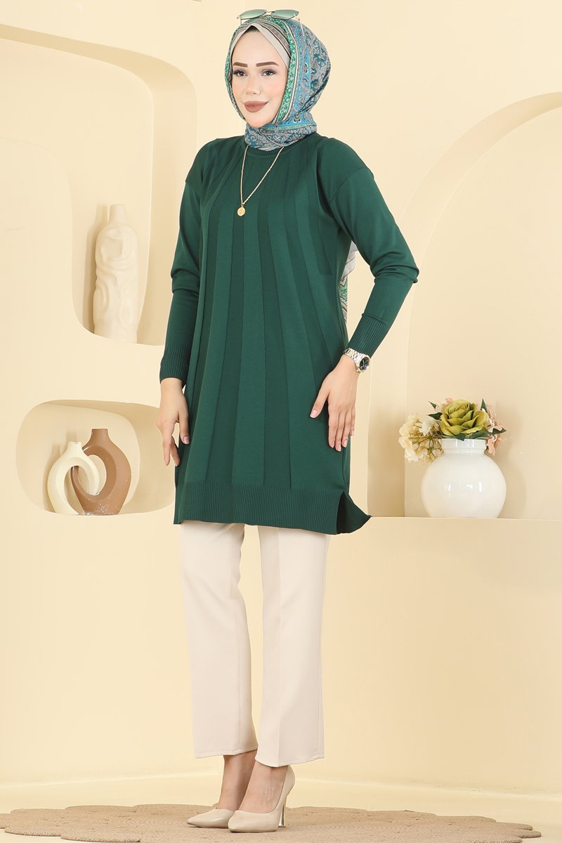 Mercerised Tunic with Stripe Trim - Emerald