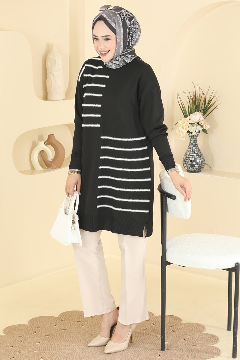 Mercerised Tunic with Stripe Detail - Black